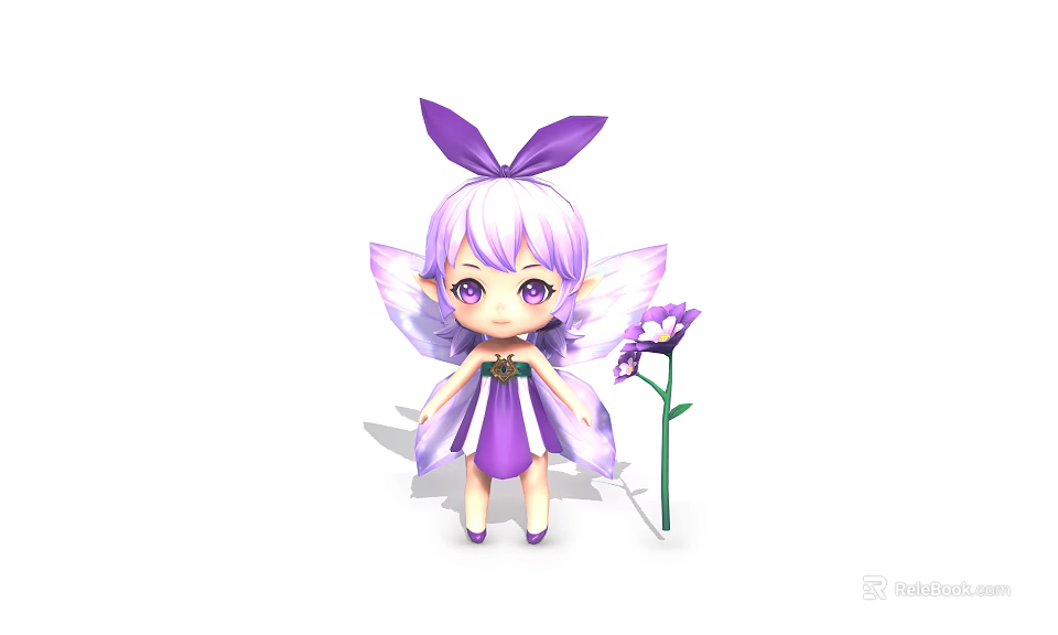 Cute Purple Haired Fairy With Butterfly Wings Bow Dress And Flower 3d model 