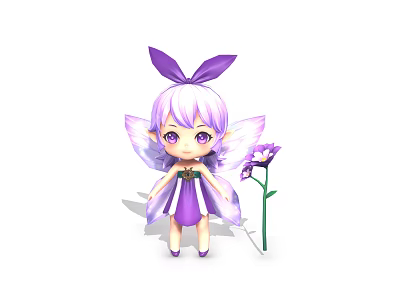 Cute Purple Haired Fairy With Butterfly Wings Bow Dress And Flower 3d model