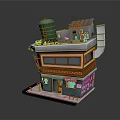 Multi Storey Urban Building With Green Water Tank Roof Structure And Colorful Storefront Windows