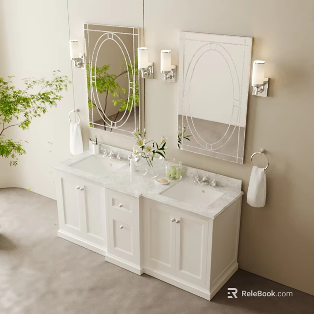White Double Sink Bathroom Vanity with Marble Countertop Oval Mirrors Wall Sconces and Beige Wall 3d model 