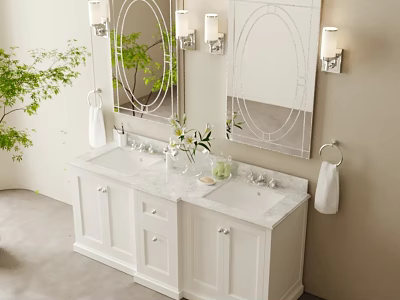 White Double Sink Bathroom Vanity with Marble Countertop Oval Mirrors Wall Sconces and Beige Wall 3d model