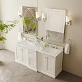 White Double Sink Bathroom Vanity with Marble Countertop Oval Mirrors Wall Sconces and Beige Wall