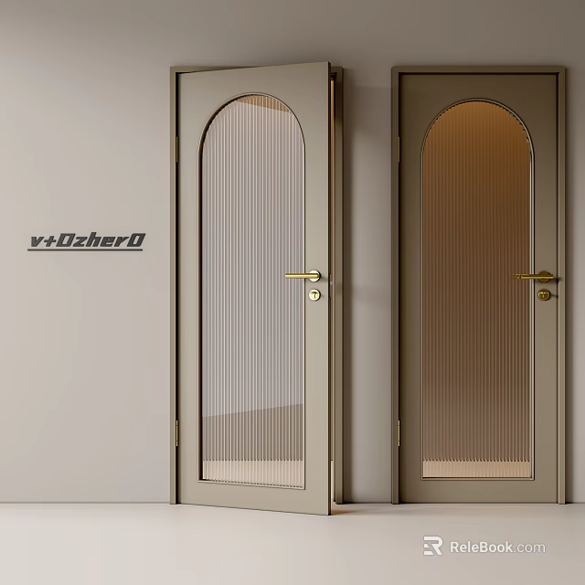 Light Colored Hinged Doors With Arched Top Ribbed Glass And Golden Handles 3d model 