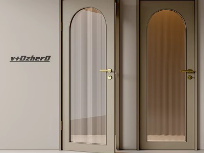 Light Colored Hinged Doors With Arched Top Ribbed Glass And Golden Handles 3d model