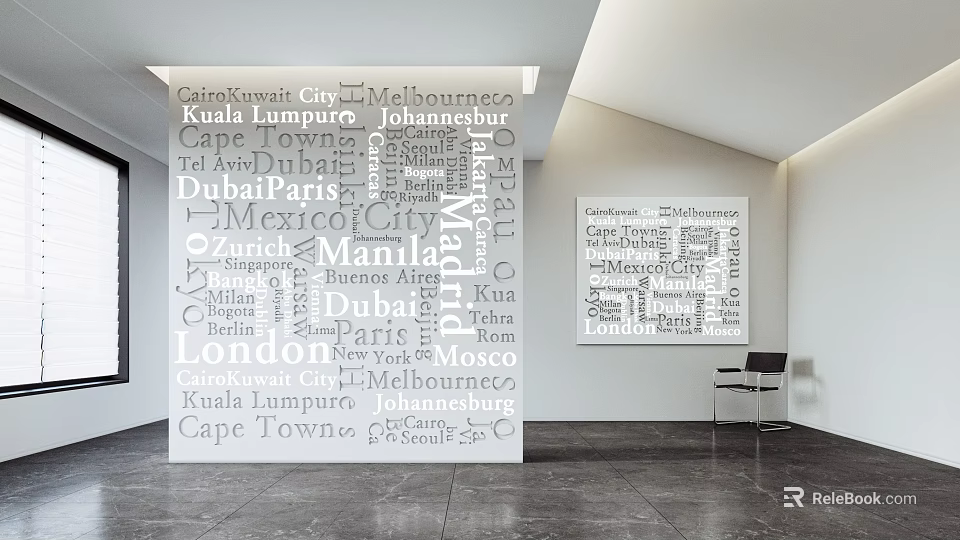 Modern Decorative Wall Design With Various City Names And Typography Art 3d model 