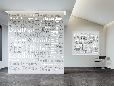 Modern Decorative Wall Design With Various City Names And Typography Art 3d model