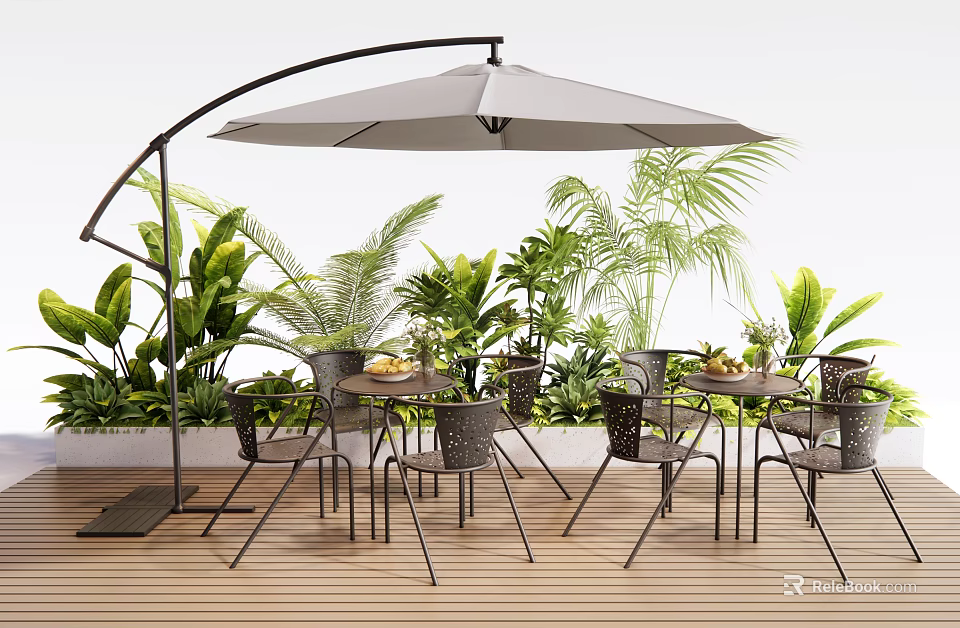 Modern Outdoor Table Setup With Curved Umbrella Chairs And Green Plants On Wooden Deck 3d model 