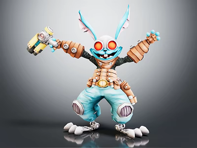Smart Rabbit Like Robot With Blue Body Red Eyes Mechanical Armor And Tool 3d model