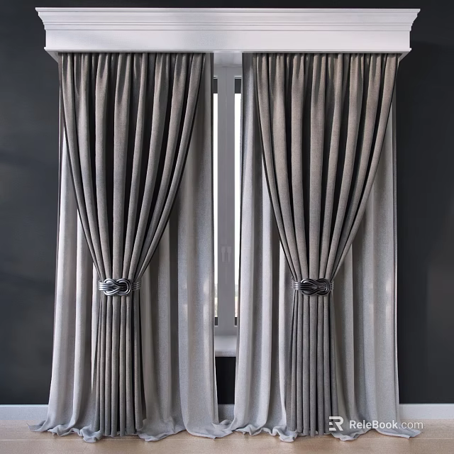 Elegant Gray Velvet Curtains With Tiebacks For Modern Window Decoration 3d model 