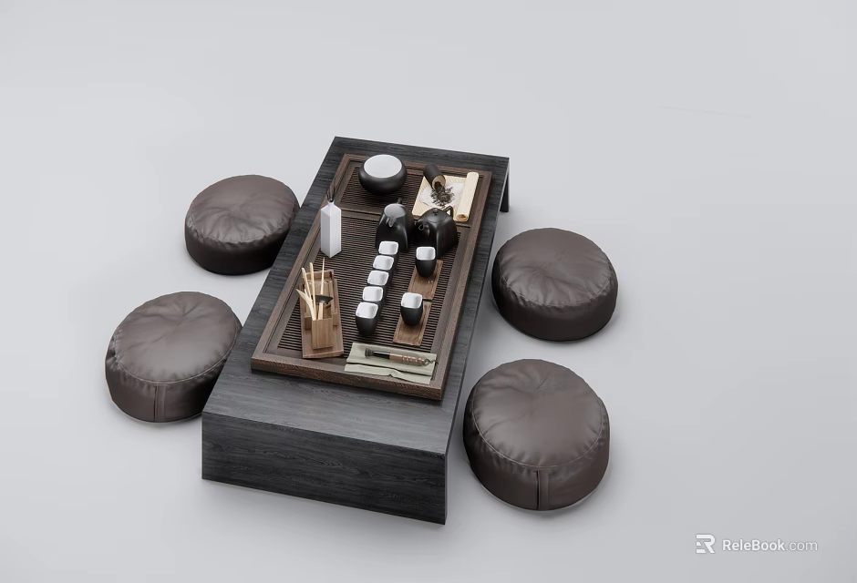 Modern Wooden Tea Table With Tray Tea Set And Leather Floor Cushions 3d model 