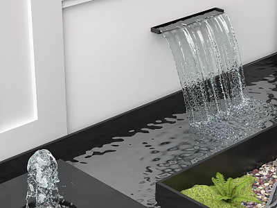 Decorative Waterfall Wall With Flowing Water Reflecting Pool Rippling Surface Green Plants And Pebbles 3d model