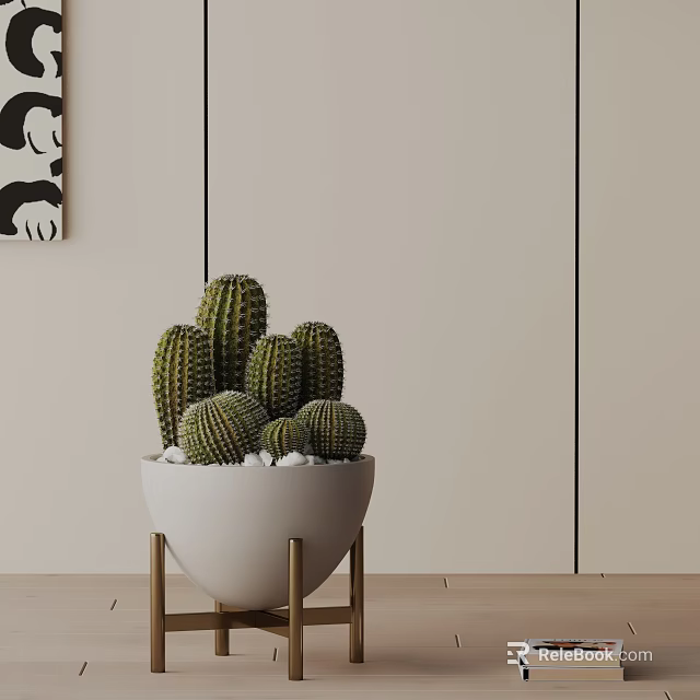 Minimalist Potted Cactus Plant With White Pot And Golden Stand Against Light Colored Wall 3d model 