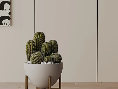 Minimalist Potted Cactus Plant With White Pot And Golden Stand Against Light Colored Wall 3d model