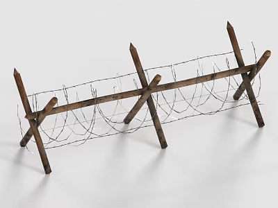 Rustic Wooden Fence Structure With Crossed Posts And Barbed Wire 3d model