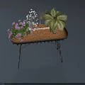 Decorative Bonsai Potted Plants with Purple White Flowers Palm Like Plant on Metal Stand Table