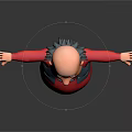 Animated Game Movie Character With Bald Head Mustache Glasses Red Shirt Blue Vest Arms Outstretched