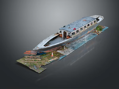 Old Boat with Multiple Windows Moored on Platform Featuring Wooden Planks and Orange Cones 3d model