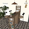 Warm Wooden Bar Counter With Stools Green Plants Calendar Cups And Decorative Lights