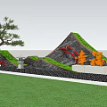 Scenic Wall Design with Mountain Shaped Structure Pine Tree Red Characters and Lawn 3d model