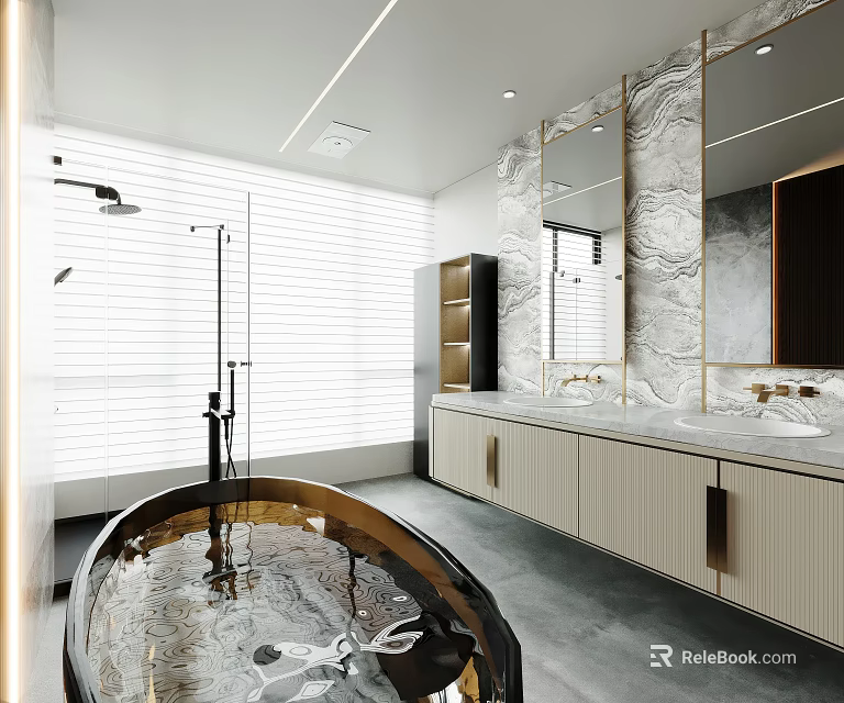 Modern Bathroom Interior Design With Copper Bathtub Marble Walls And Double Vanity 3d model 