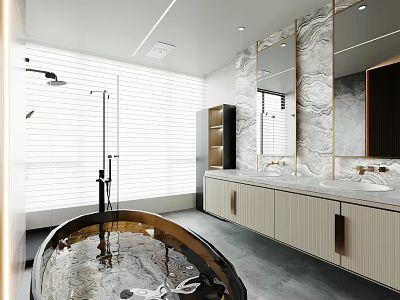 Modern Bathroom Interior Design With Copper Bathtub Marble Walls And Double Vanity 3d model