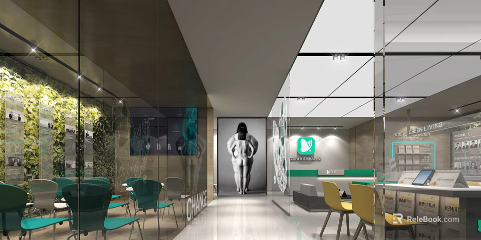 Modern Store Interior Design With Glass Walls Green Sign Yellow Chairs Lighting And Decor 3d model 