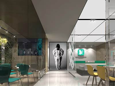 Modern Store Interior Design With Glass Walls Green Sign Yellow Chairs Lighting And Decor 3d model