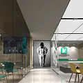 Modern Store Interior Design With Glass Walls Green Sign Yellow Chairs Lighting And Decor
