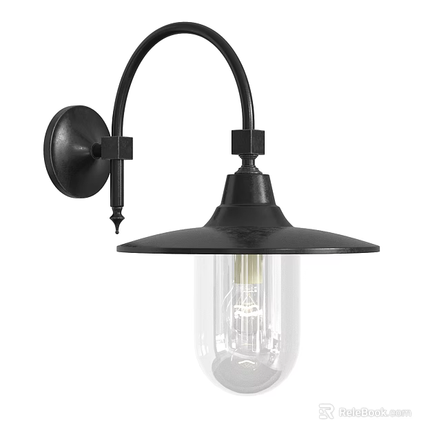 Industrial Black Metal Wall Sconce With Curved Arm Wide Brim Shade And Clear Glass Bulb 3d model 