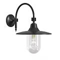 Industrial Black Metal Wall Sconce With Curved Arm Wide Brim Shade And Clear Glass Bulb