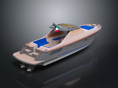 Sleek Modern Yacht With Blue Seats Wooden Deck And Stylish Exterior On Water 3d model