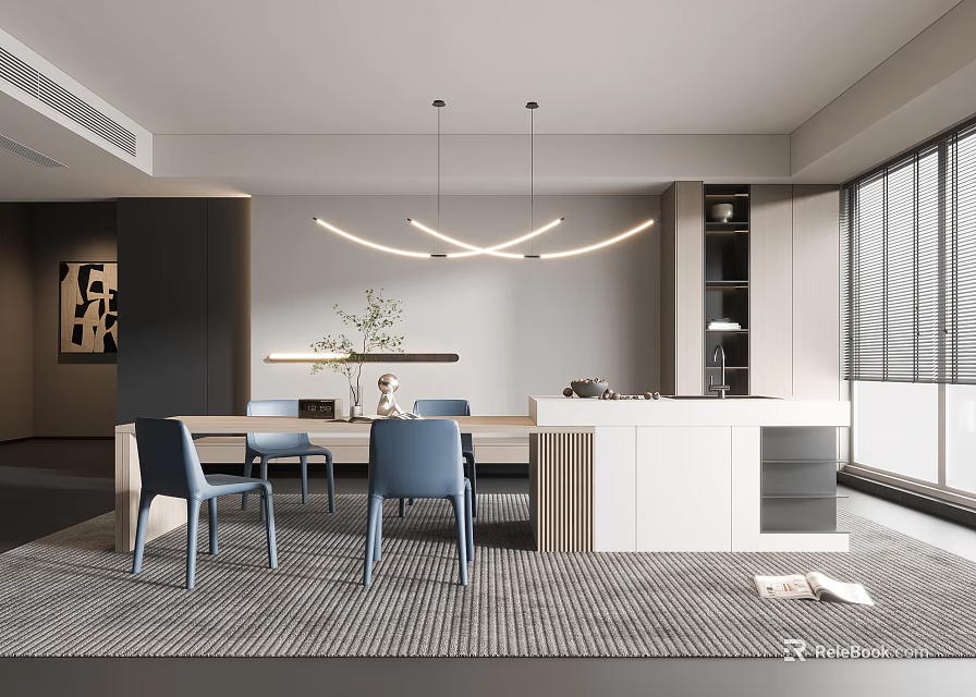 Modern Open Concept Restaurant Interior With Dining Table Blue Chairs And Pendant Lights 3d model