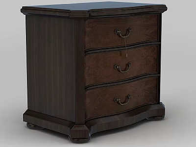 Technology Exhibition Hall Displaying Traditional Brown Wooden Nightstand With Three Drawers And Metal Handles 3d model