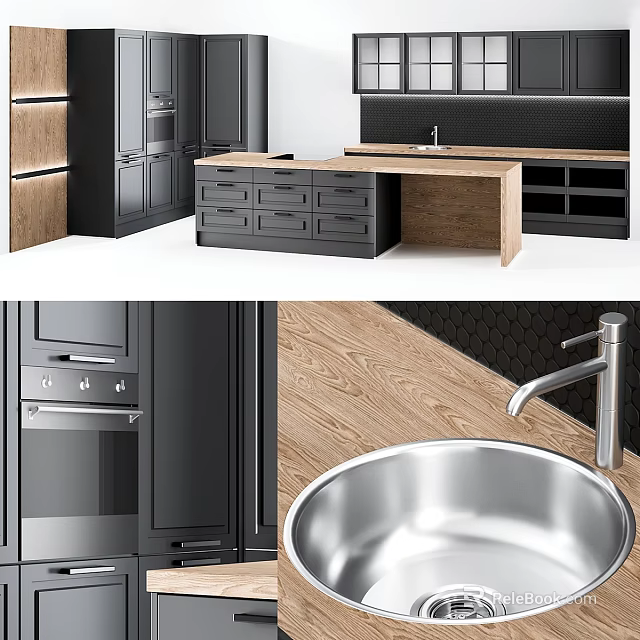 Modern Kitchen Cabinets Black And Wooden With Island Countertop And Stainless Steel Sink 3d model 