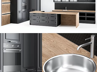 Modern Kitchen Cabinets Black And Wooden With Island Countertop And Stainless Steel Sink 3d model