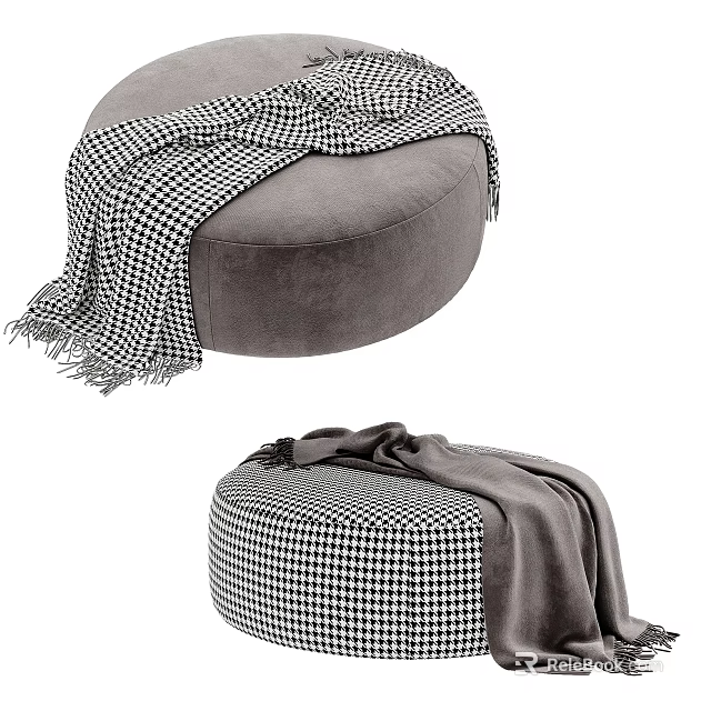 Stylish Round Modern Ottoman With Houndstooth Blanket And Soft Velvet Upholstery 3d model 
