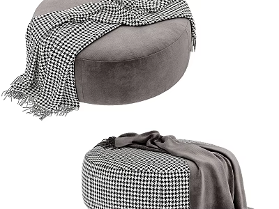 Stylish Round Modern Ottoman With Houndstooth Blanket And Soft Velvet Upholstery 3d model