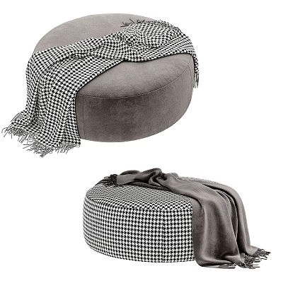 Stylish Round Modern Ottoman With Houndstooth Blanket And Soft Velvet Upholstery 3d model