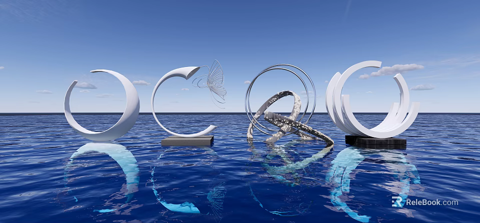 Landscape Sculpture On Water With Circular Structures Butterfly And Blue Sky Reflections 3d model 