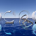 Landscape Sculpture On Water With Circular Structures Butterfly And Blue Sky Reflections