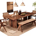 Rustic Wooden Dining Table Set With Rattan Chairs Bench Pendant Lights And Fruits On Table