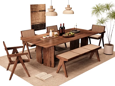 Rustic Wooden Dining Table Set With Rattan Chairs Bench Pendant Lights And Fruits On Table 3d model
