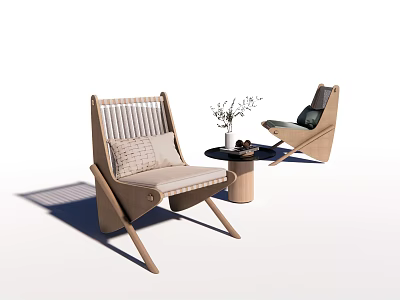 Modern Leisure Accent Chairs with Wooden Frame Striped Upholstery and Round Side Table with Plants 3d model