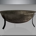 Vintage Metal Bowl With Textured Surface And Black Stand Legs On Dark Background