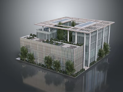 Modern Commercial Complex With Glass Facade Rooftop Greenery And Surrounding Trees 3d model