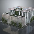 Modern Commercial Complex With Glass Facade Rooftop Greenery And Surrounding Trees 3d model