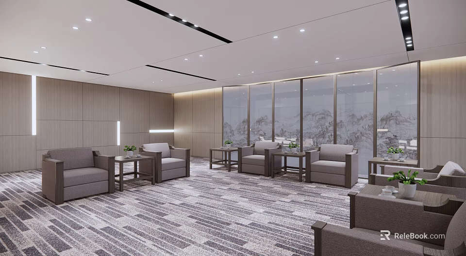 Modern Hotel Public Lounge Interior With Comfortable Sofas Coffee Tables And Large Windows 3d model
