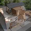 Modern Building Exterior With Wooden Structure Gray Walls Outdoor Space And Trees