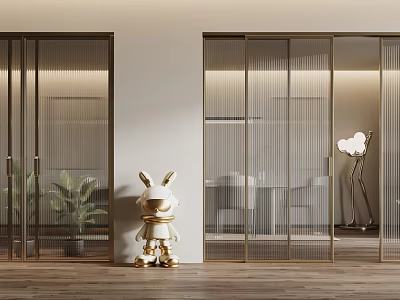 Luxurious Interior With Gold Framed Sliding Glass Doors And Decorative Rabbit Ornament 3d model