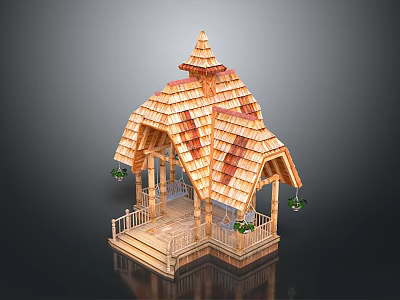 Wooden Pavilion Design With Tiled Roof Pagoda Top Columns Railing And Hanging Plants 3d model